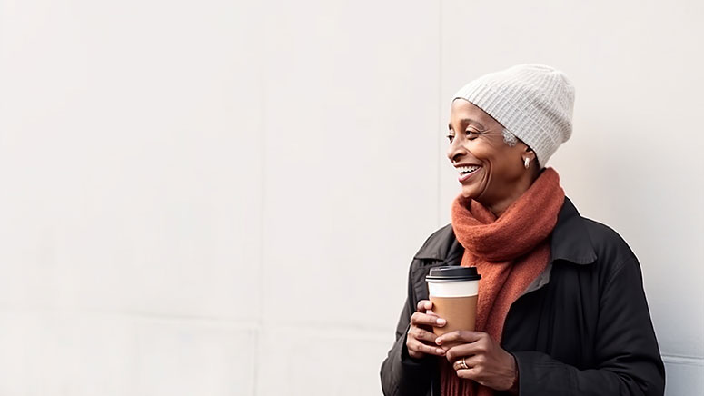 A photo of a woman of age; she is holding a cup of coffee
